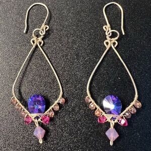 Gold Tone Chandelier Purple Rivoli Center Stone Beaded Earrings